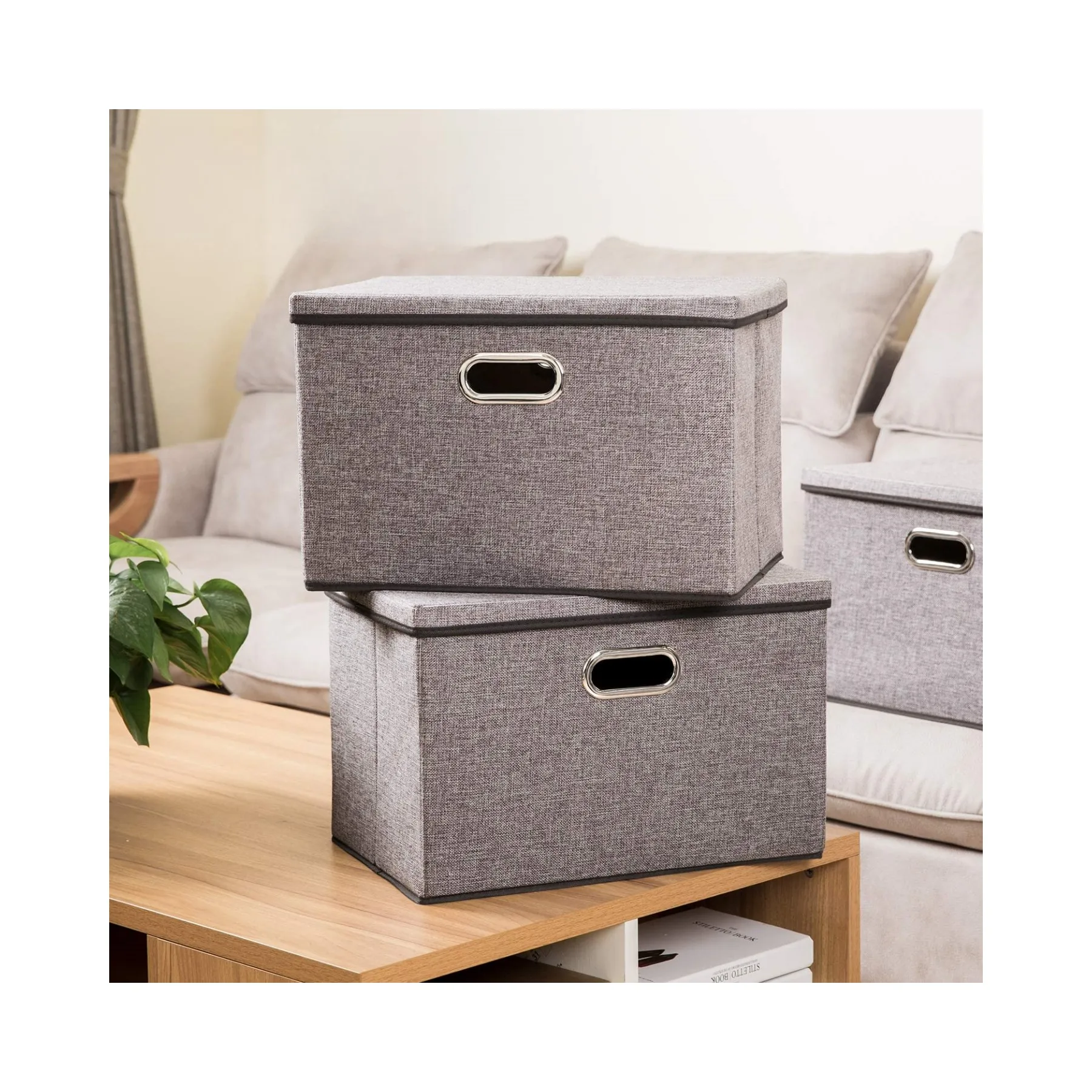 Collapsible Linen Fabric Storage Bins with Cover for Wardrobe Clothes Organizer Home Storage Organization