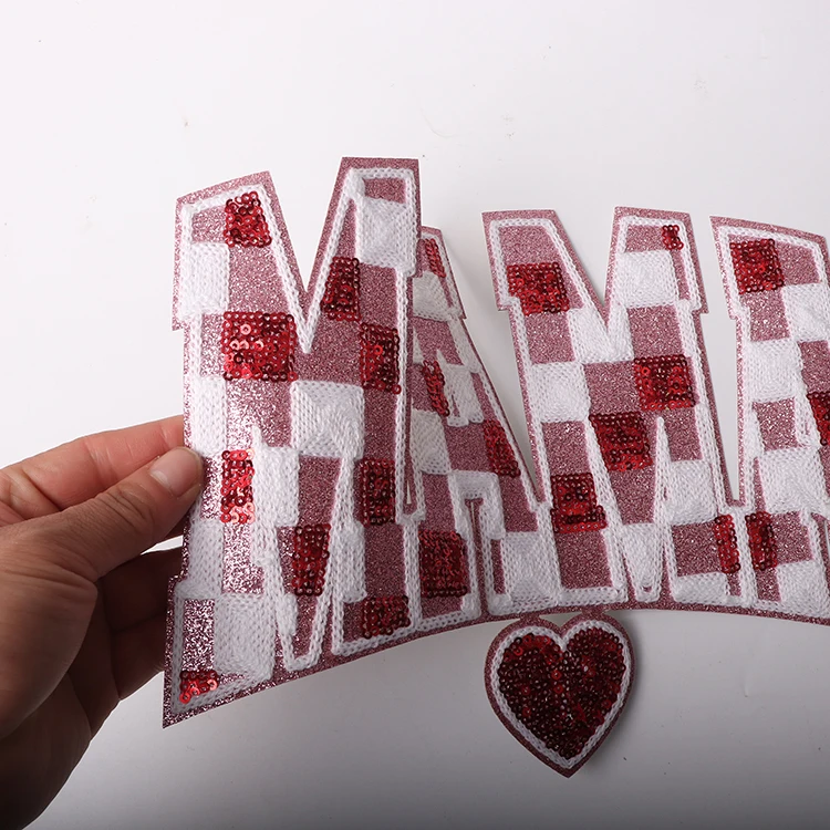 New arrival mama clothes patches embroidery iron on big size red pink glitter chenille sequin mama checkered patch for shirt
