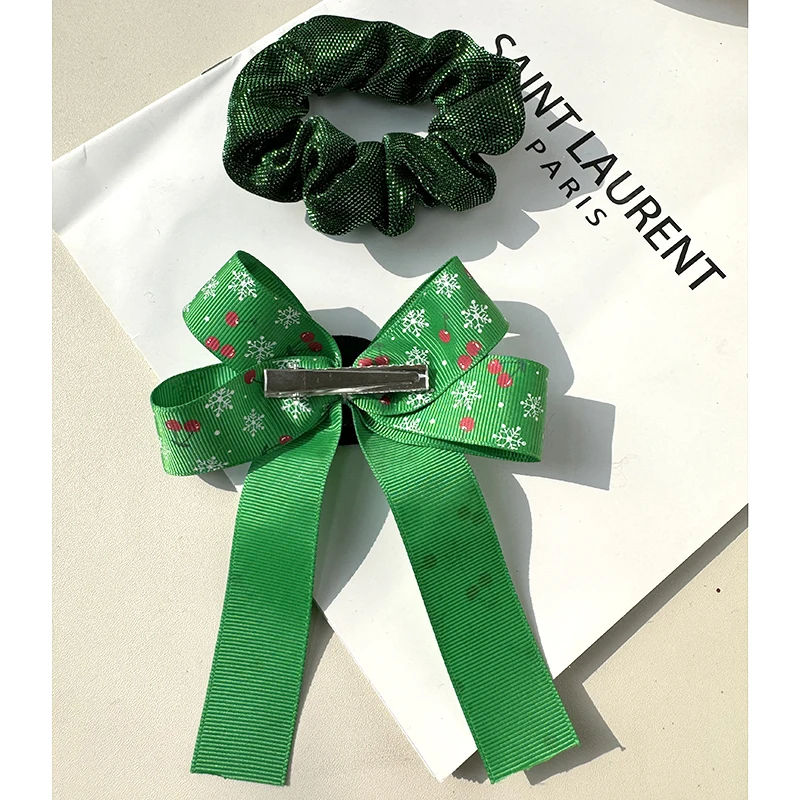Christmas Hair Ties Ribbon Swallowtail Bow HairClip Elastic Bling Ponytail Holders Rope Holiday Accessories Kids Hair Scrunchies