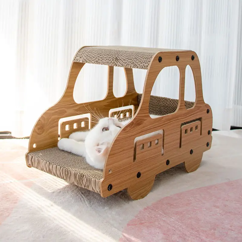 Leyou Pet Wear-resisting Standing Double-deck Wooden Car Cat House Corrugated Toys Cat Scratchers