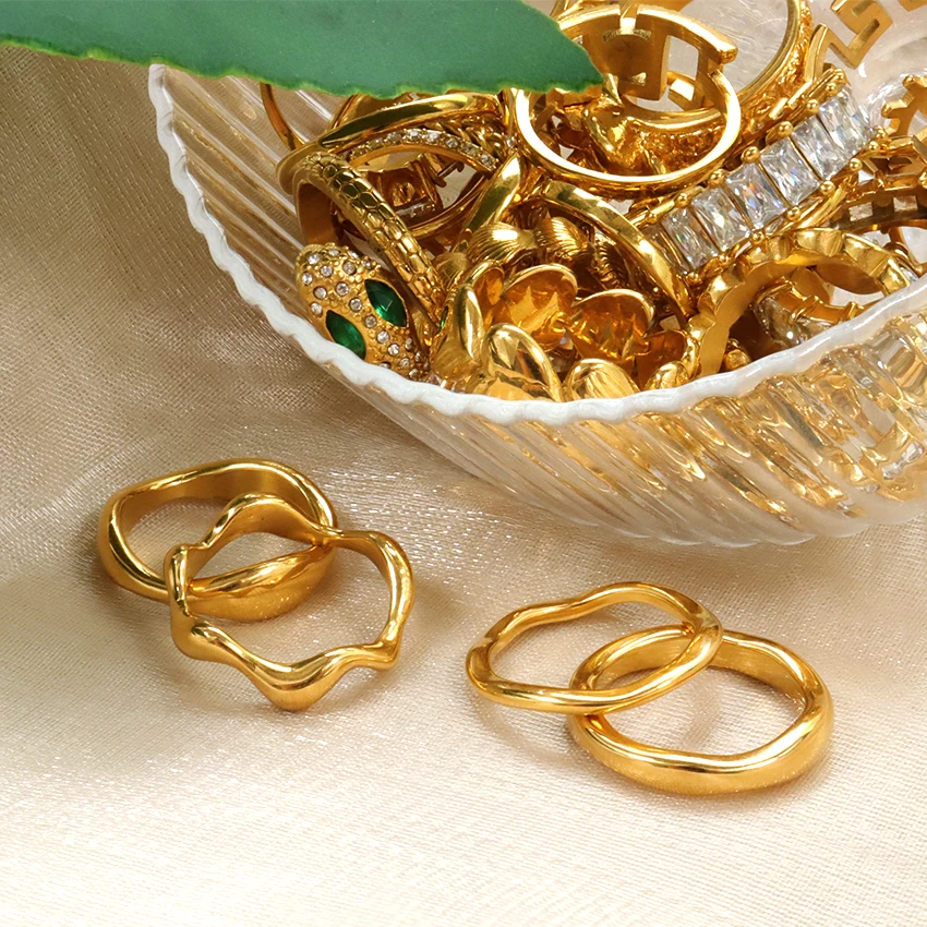 Fine Jewelry Rings Simple Design 18k Plated Jewelry Stacking Wave Ring Set Mini Stainless Rings For Women Girls Summer Jewelry