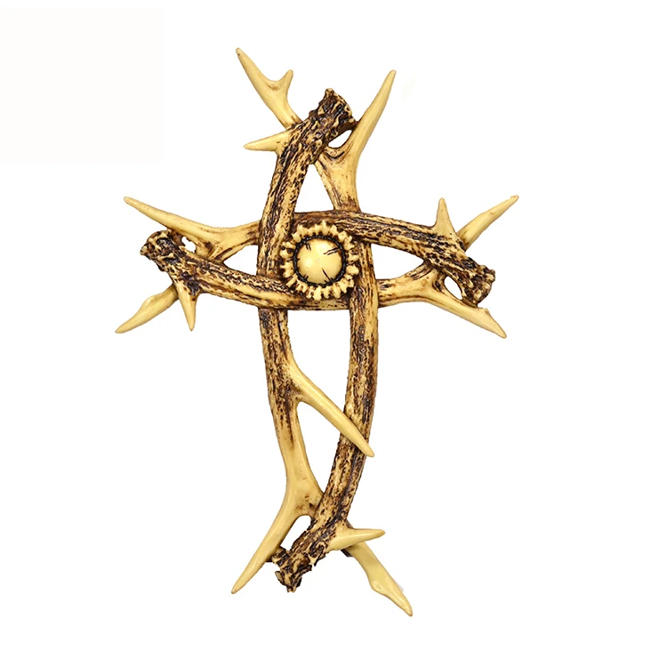 Antler Decor Religious Sculpture Art Collectible Folk Art Animal Hand Painted Resin Cross