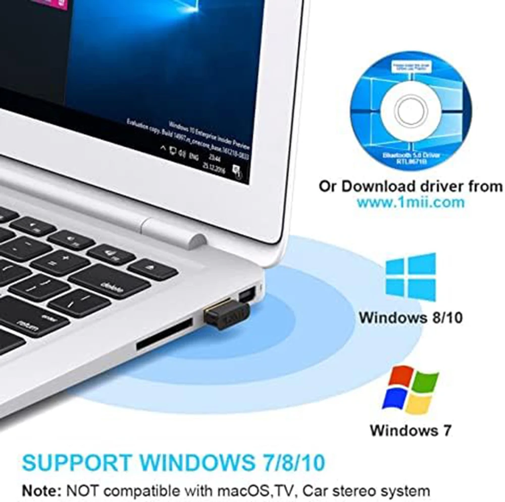 1Mii BT 5.0 USB Dongle Dual Mode+EDR Support Windows10/8.1/7 Connect 7devices to PC Provides Free Driver for Headset/Lap/Speaker