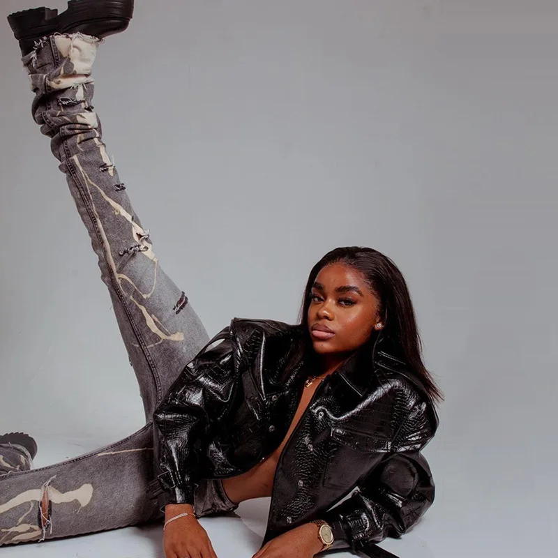 Hot Trendy Printing Cotton High Waist Denim Pants Ladies Wholesale Stacked Pants Ruched Trousers women printed jeans