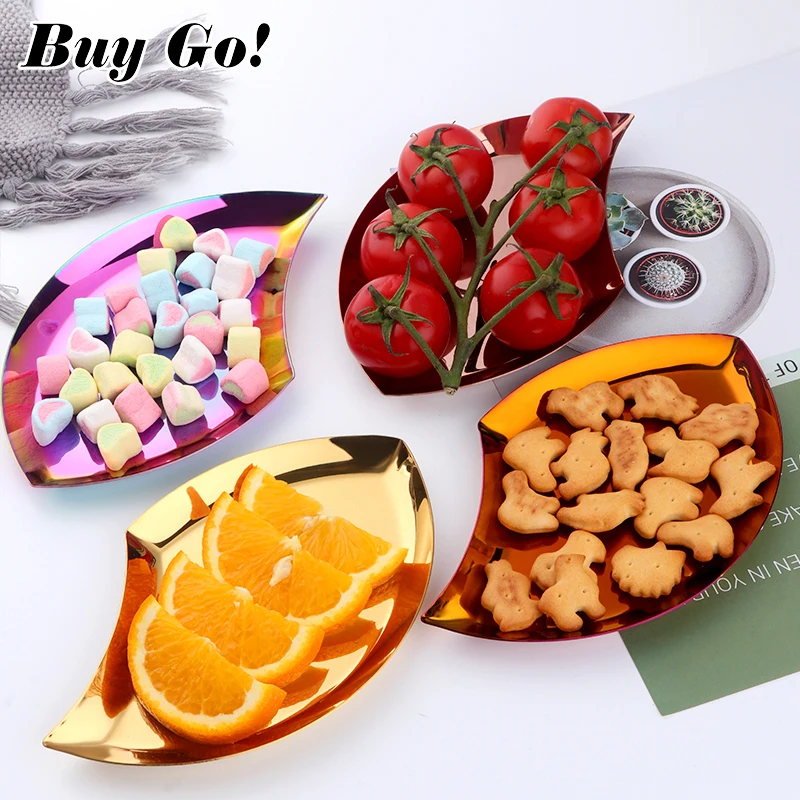 Buygo Creative Flower Leaf Shaped Colorful Metal Food Tray Plate Stainless Steel Candy Fruit Dessert Dish