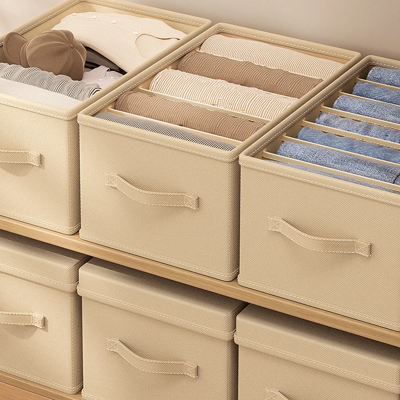 Collapsible Washable 2 Pack Linen Fabric Wardrobe Organizers 5 Grids Divider Box Collapsible Jeans Storage Organizer Adjustable