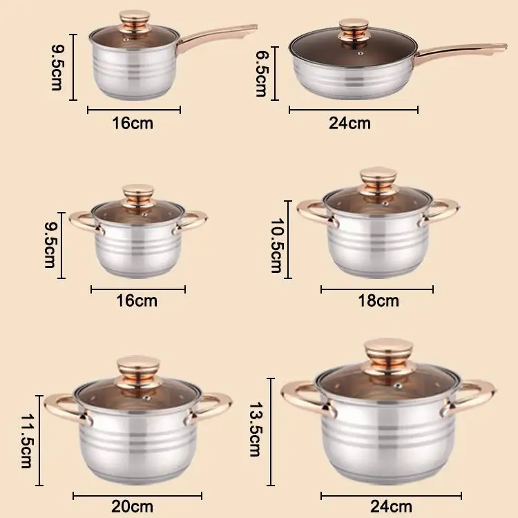 Golden Handle 12pcs Non Stick Cookware Set Stainless Steel Cooking Pan Set Kitchenware With Glass Lids For Gas Stove