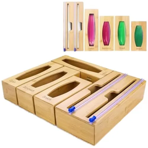Bamboo Ziplock Bag Storage Organizer Foil and Plastic Wrap Organizer Plastic Wrap Dispenser with Cutter
