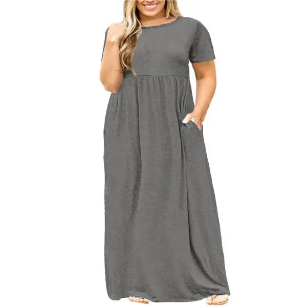 Plus Size Women Summer Sleeved Round Neck Pullover Buttery Soft Floaty Layered Maxi High Waistline Swing Dress With Pockets