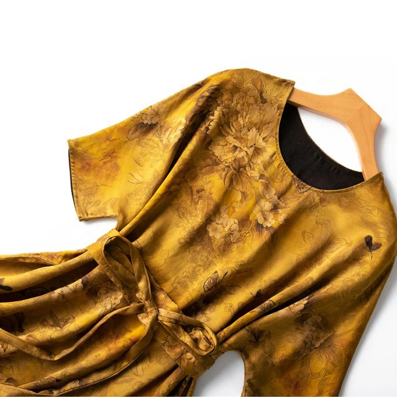 Wholesale 45 Mm Heavy 100% Natural Silk Dresses Women Fragrant Cloud Yarn 2 Side Wear Loose Short Sleeve Dress Summer D35730C