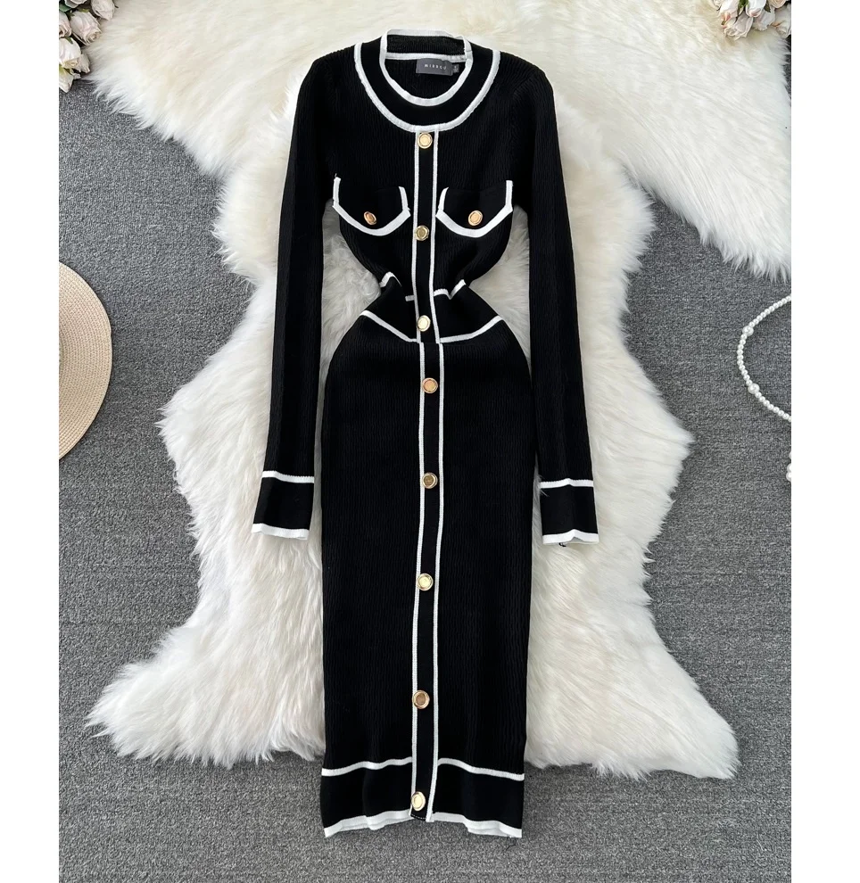 Autumn and Winter French Vintage Fragrant Style Contrast Color Long Sleeve Round Neck Mid length Knitted Wrap Hip Dress