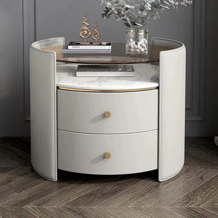 Modern Luxury Hotel Bedroom Pine Wood Frame White Side Tables Solid Wood Corner Table PU Leather Nightstand Round Bedside Table