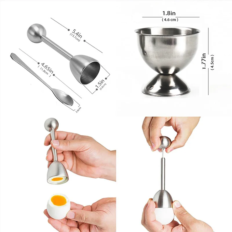 Egg Cracker Topper Set of 5 - Includes 2 Egg Cups, 2 Spoons and 1 Cutter - Stainless Steel Easy Egg Opener