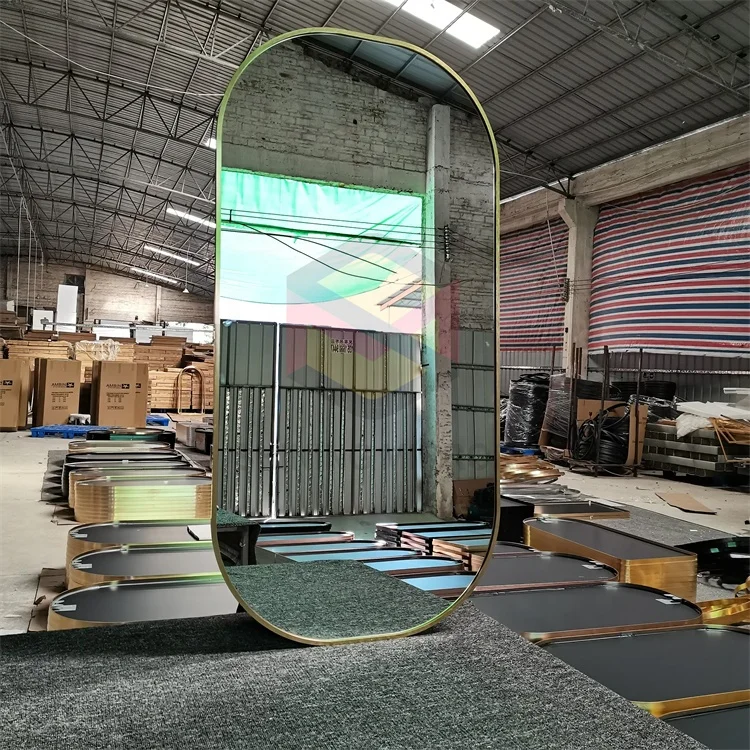 high quality hotel bathroom vanity mirror  rose gold wall mounted race-track shaped frame metal frame aluminum-framed mirror