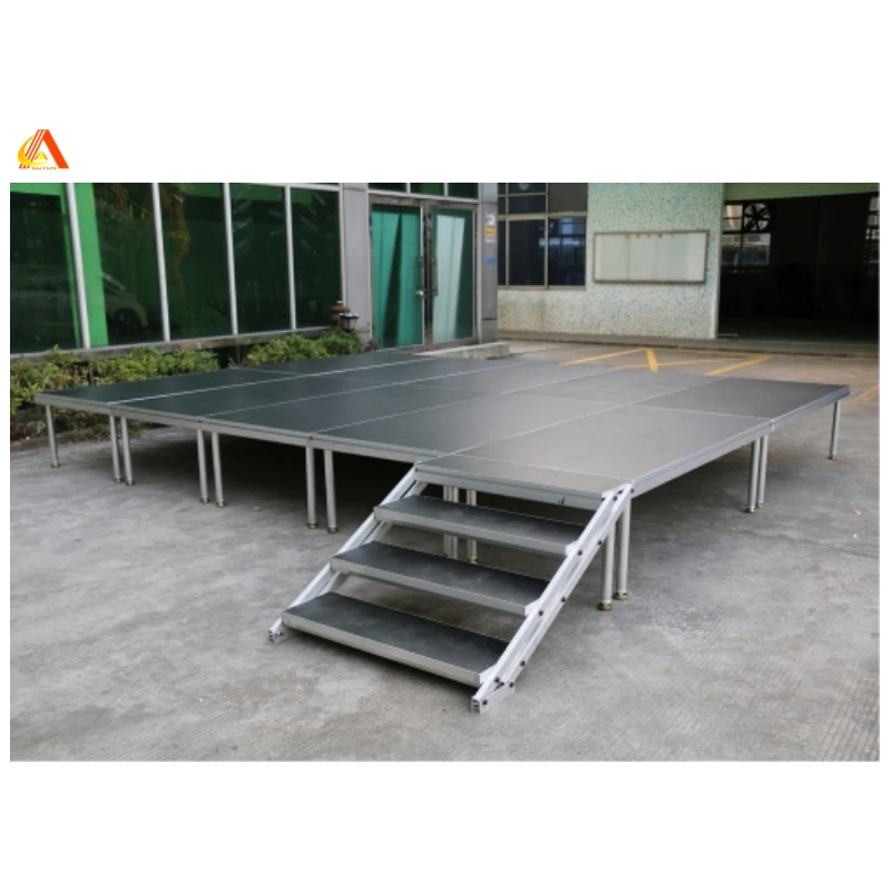 Easily assemble and set up aluminum 4-leg portable stage platform adjustable height legs