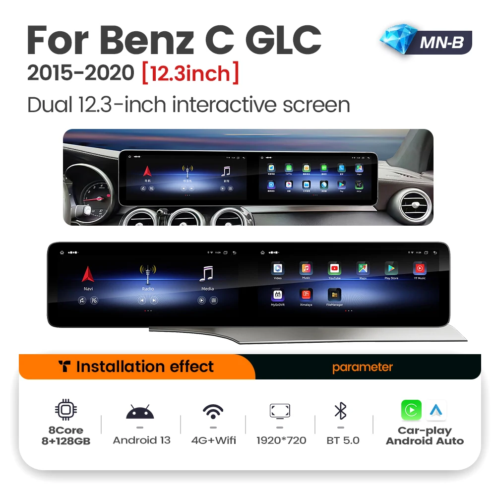 Navifly NF 12.3inch 1920*720 screen Car-play auto GPS navigation 8+128G for benz C/GLC 2015-2020 MTK8667 Car navigation system
