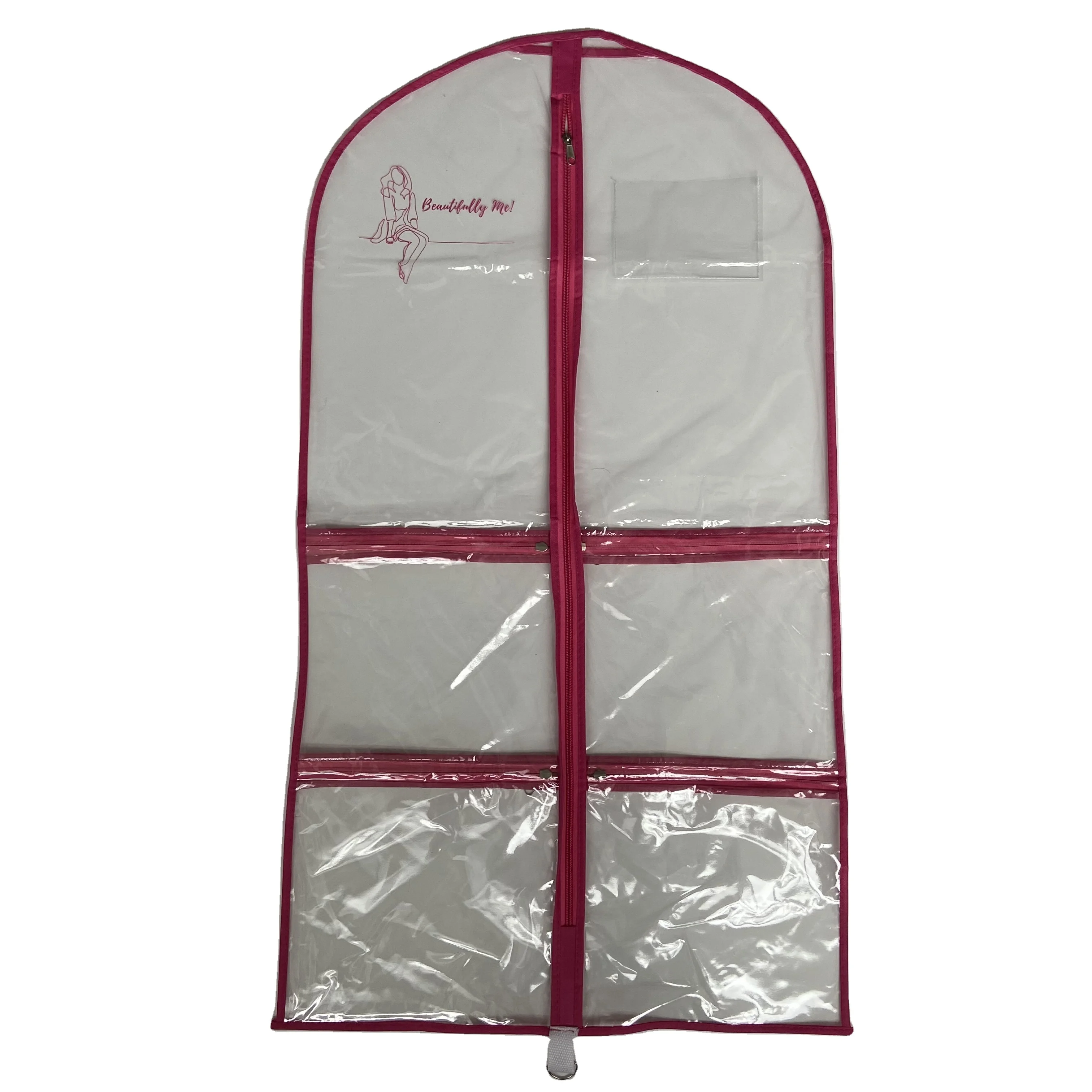 60x100cm hot pink trim clear pvc dance costume garment bag with pockets personalized Clear Garment Bag with ID Pocket