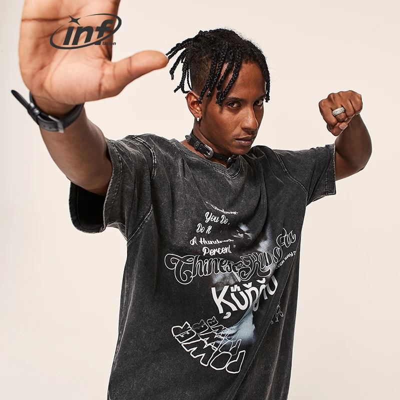 INFLATION Washing Lee Kongfu Printed Tshirt Heavyweight Custom Oversize Men Street T-shirt