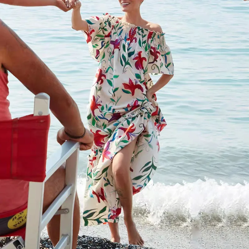 Summer Temperament Lily Printed Long Dress 2022 New One-shoulder Tube Top Loose Holiday Style Swing Dress