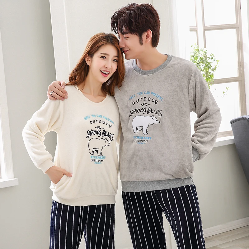Factory Direct Winter Christmas Sleepwear Lover Sales New Design Long Sleeve Flannel Pajamas Couple Warm