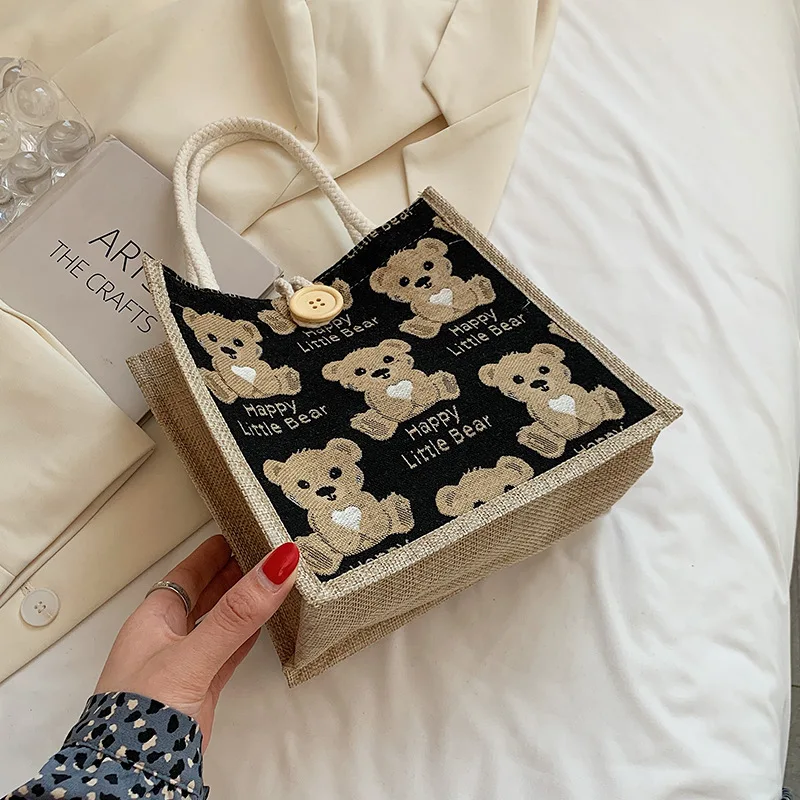 2024 Fashion handbags sudents shoulder bags outdoor shopping bags women bear linen tote bags