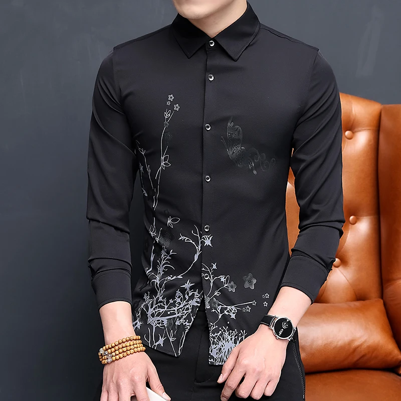
Business Shirt Fashion Printing Shirt M-4XL Black Blue Purple White All-Match Flower Shirt 