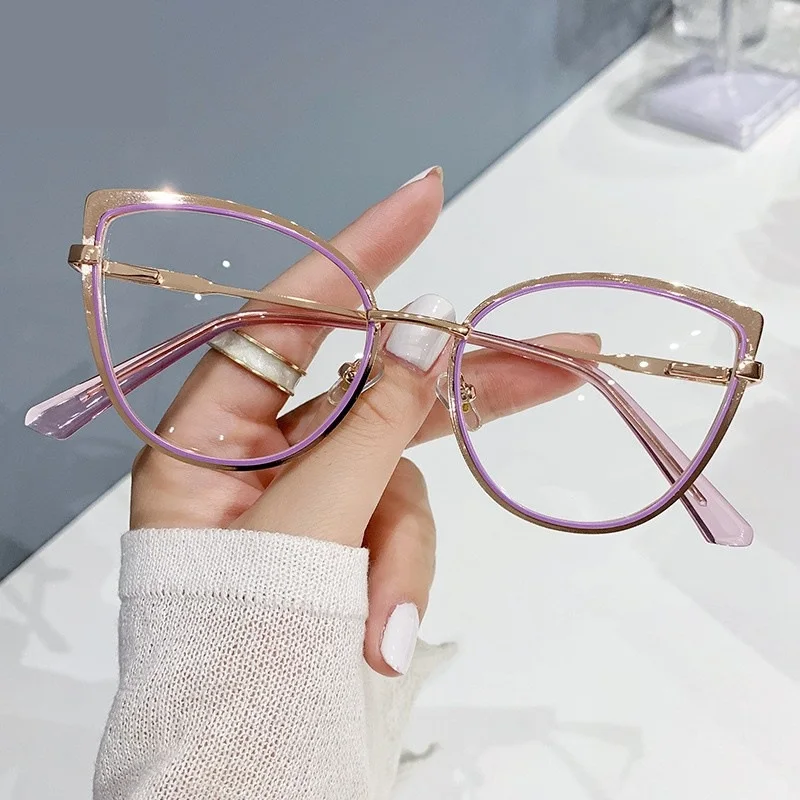 Hot sale eyeglasses frame Spring hinges Women Cat eye metal Fashion anti blue light blocking computer glasses