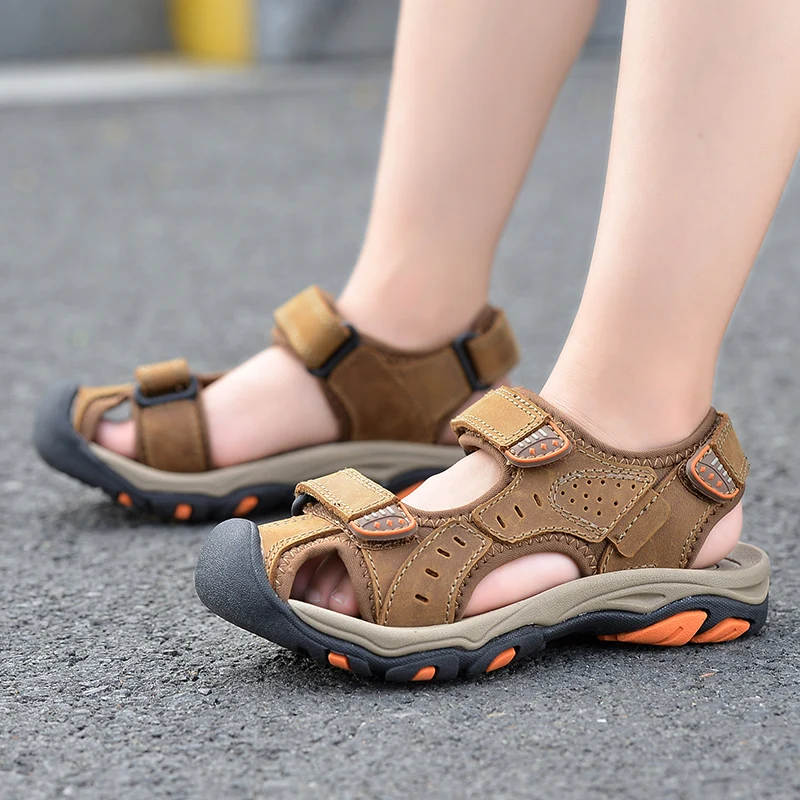 2021 летние пляжные сандалии из натуральной кожи; Детские сандалии с закрытым носком для малышей; Детская модная дизайнерская обувь для мальчиков и девочек