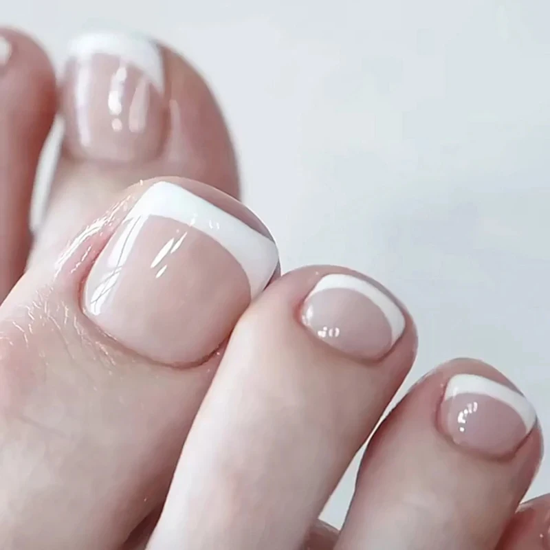 24Pcs False Toes Nails French Square Nude Color Nature Fake Toe Feet Nail Tips Artificial Press on Toenails for Women