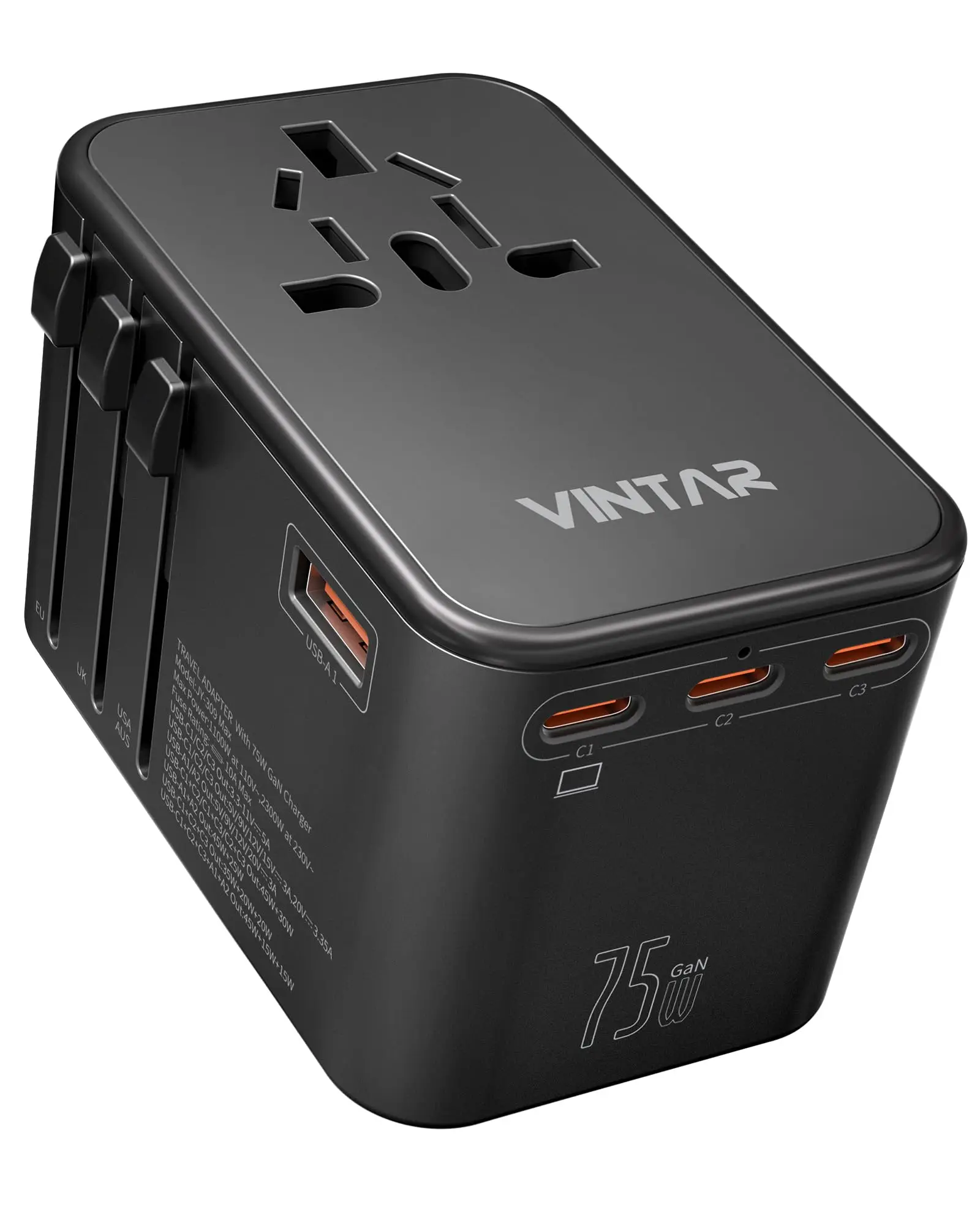VINTAR 75W GaN International Plug Adapter Worldwide Power Adapter Universal Travel Adapter with 3 USB-C PD & 2 USB-A QC