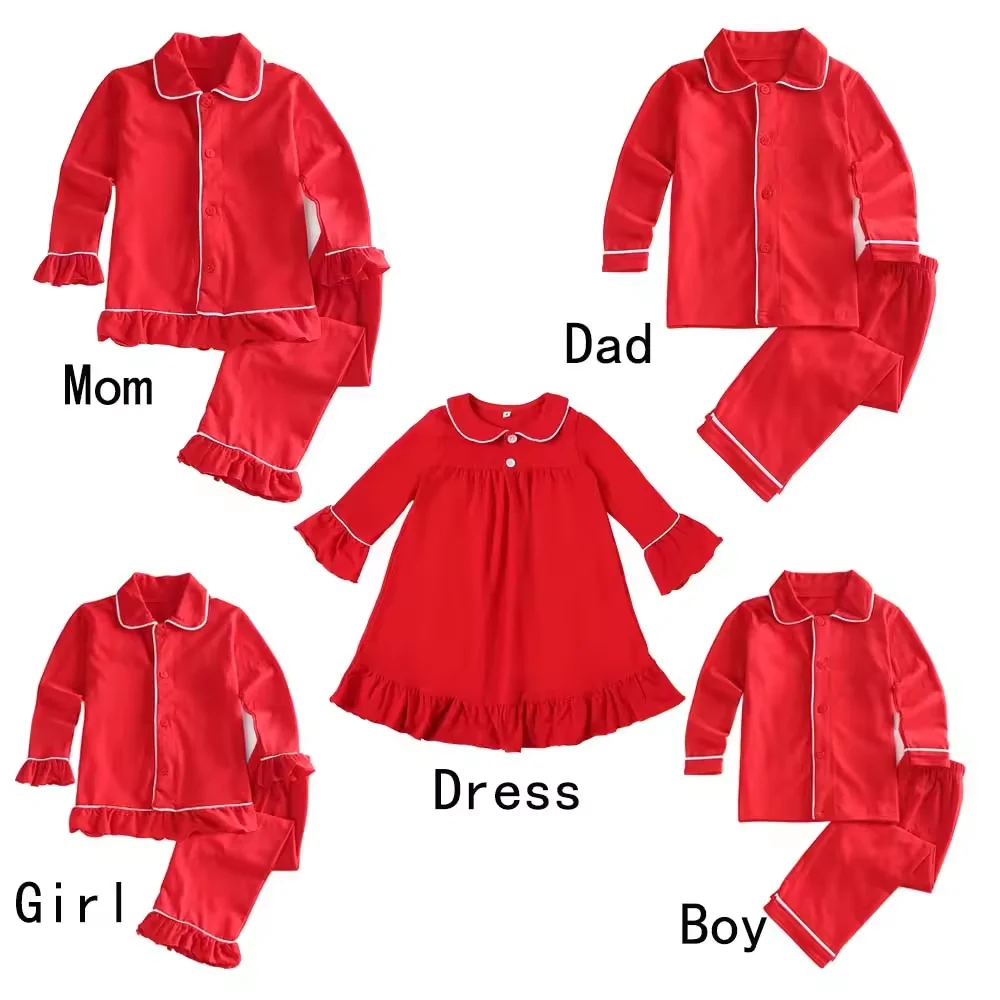 Xmas sibling matching pan collar pajamas little girl ruffle night dress kids boy girl green cotton holiday pajama Children pjs