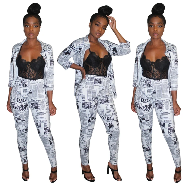 
YZ-SG90691 Elegant fashion newspaper printing seven sleeve small suit woman two piece set 