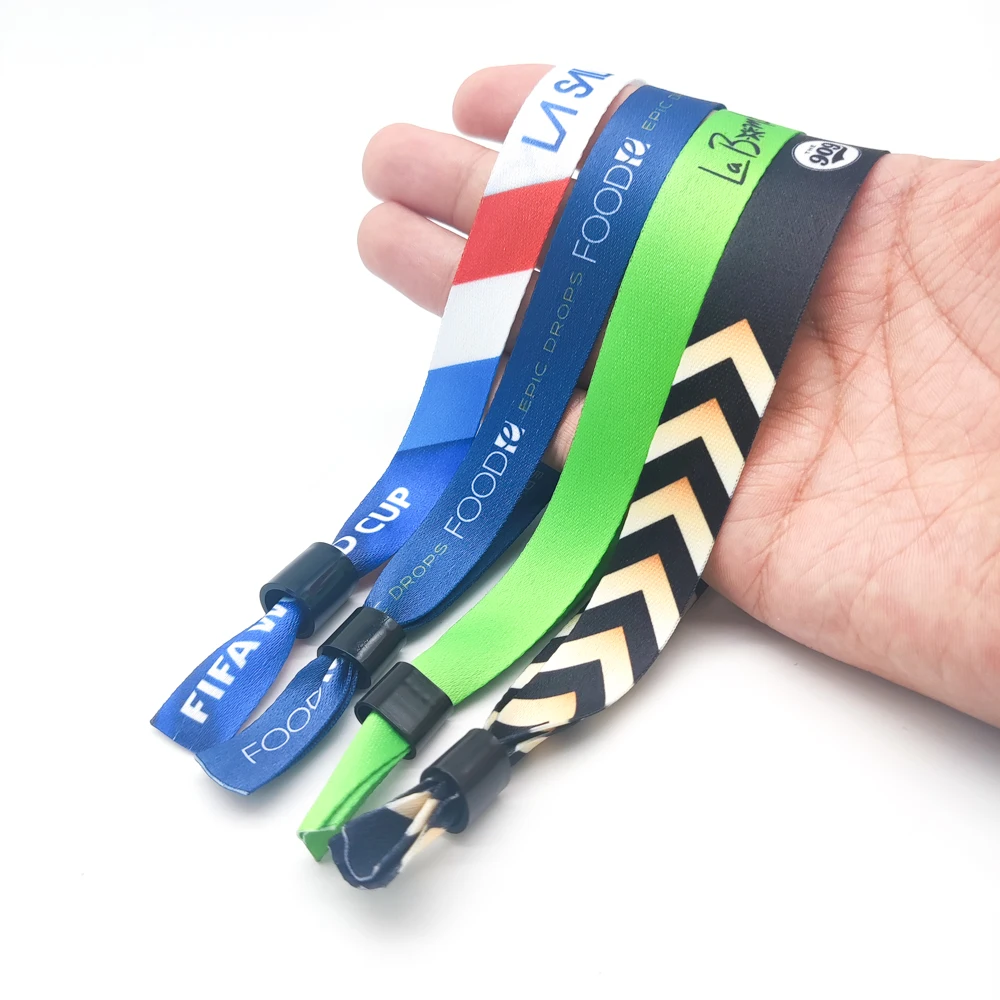 Promotional Eco Friendly Adjustable Plastic Clip Event Party Bracelet Custom Festival Fabric Woven Wristbands