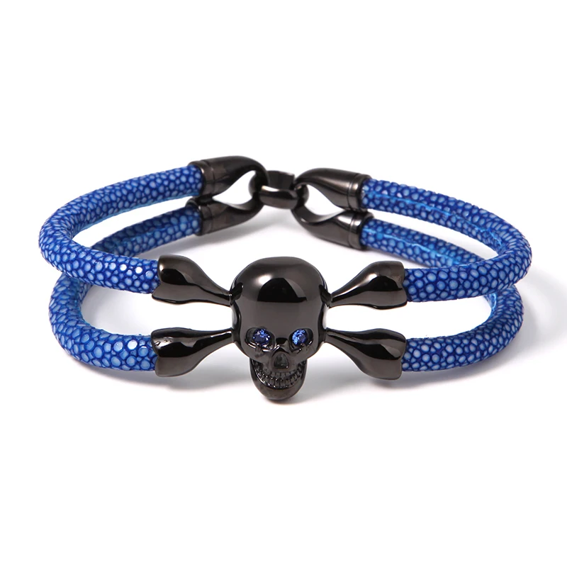Wholesale Popular Skull stingray Leather Bracelet with 18K Gold Plating Over Stainless Steel