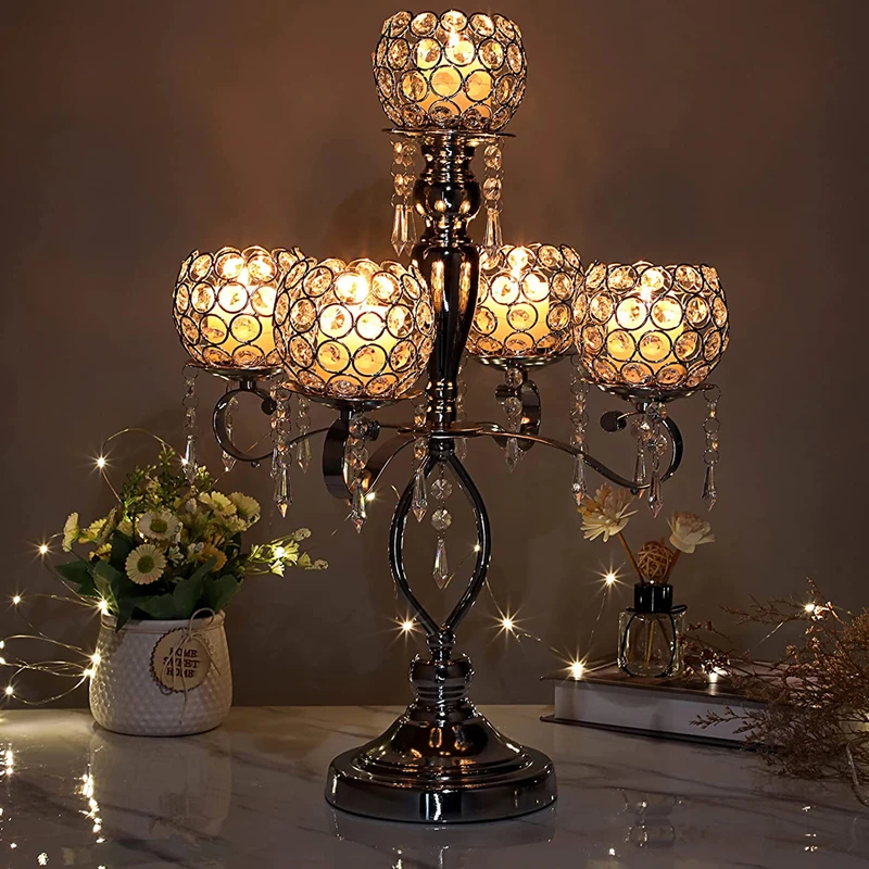 5 Arms Glass Candle Holders Candelabra Crystal Metal Candlesticks Stand Wedding Party Decorative Dining Room Table Centerpieces