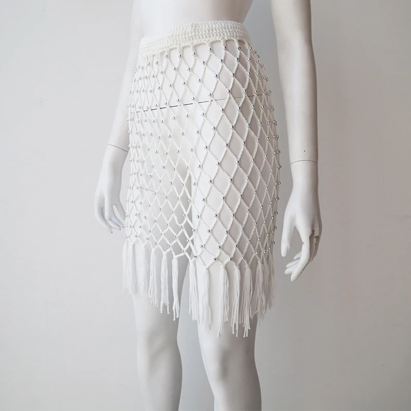 
Europe Custom Hot Sexy Diamond Weave With Bead And Tassel Details Cover Up Bikini Stretch Crochet Pencil Midi Skirts Women 