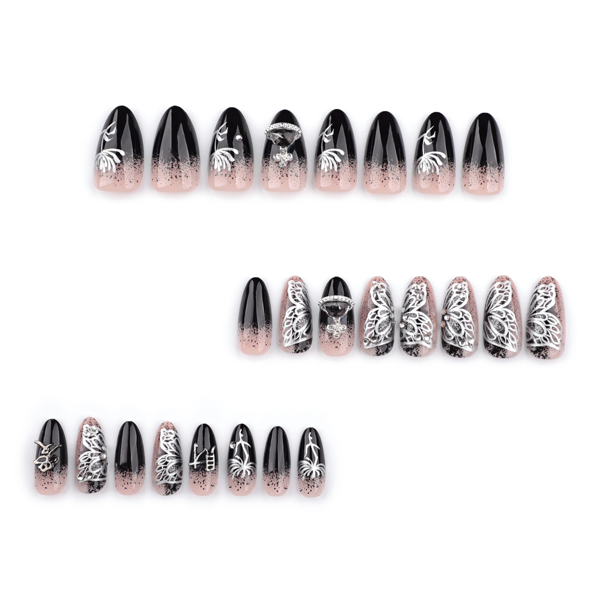 24 Pcs Spicy Girl French Manicure butterfly Almond Glitter Diamond Planet Ring Acrylic Press on Nails Customize False 3530