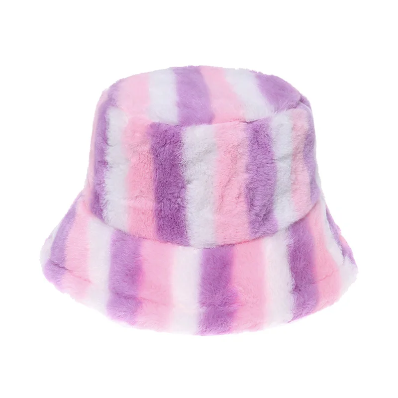 
100% Polyester Faux Fur Fluffy Winter Warm Hats Rainbow Striped Printed Bucket Hat Adjustable Bucket Caps for Women 