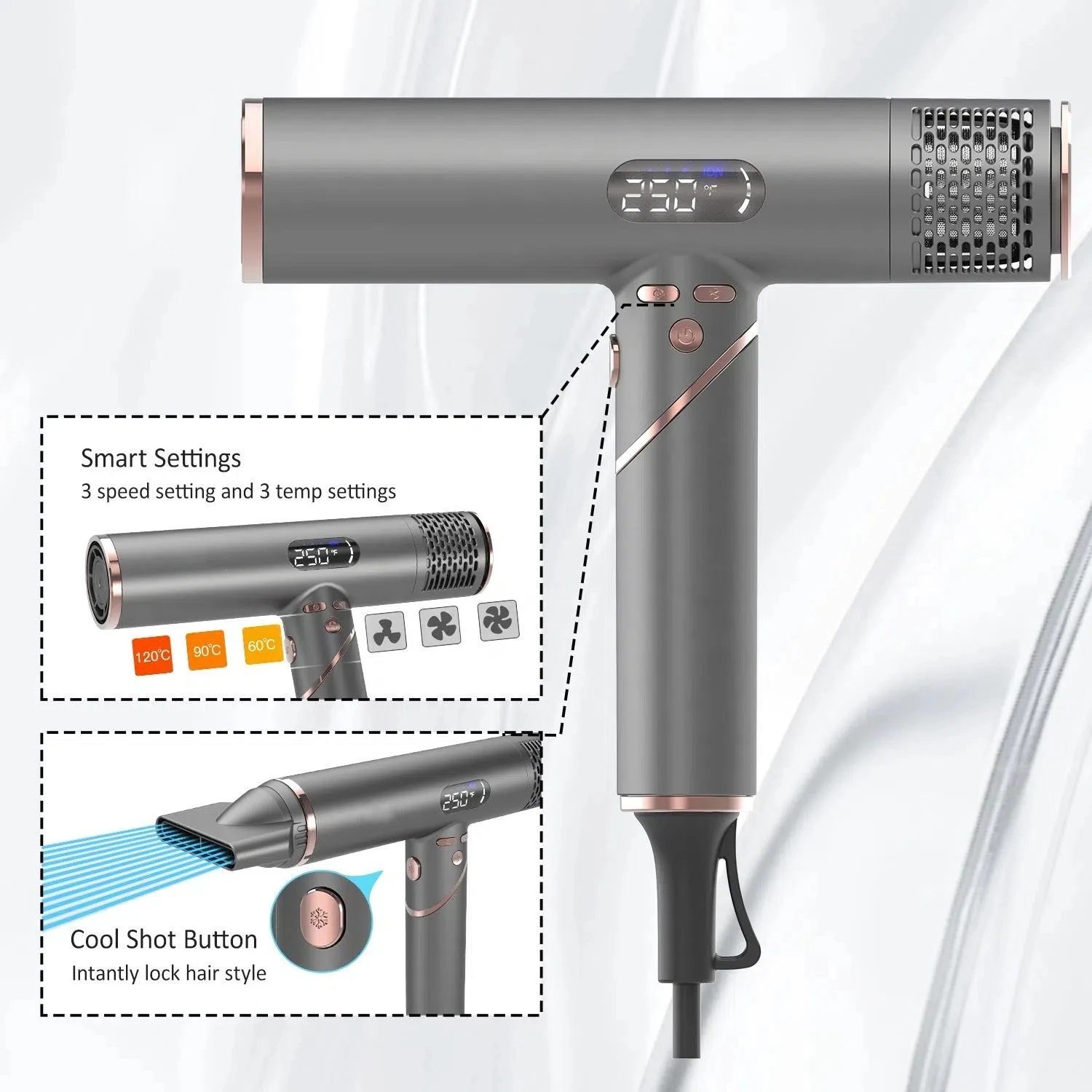 New Design High Speed Hair Dryer T Shaped Professional Folding Mini Hair Dryer Set Brushless Motor with Negative Ion