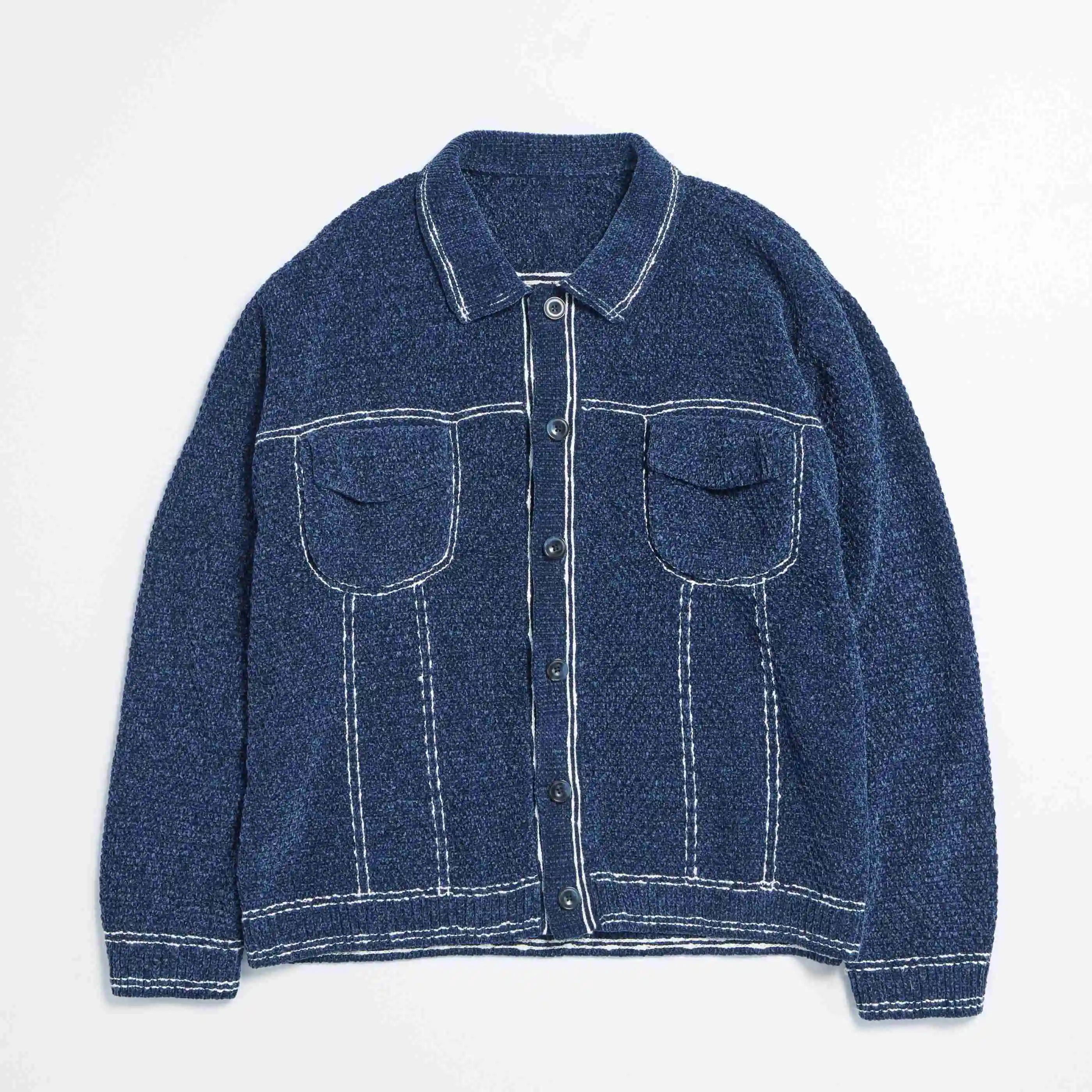 Custom logo Knitting Jacquard Cotton Oversized Long-sleeved V-neck Knitwear Thick Wool Jumper Sweater for Men