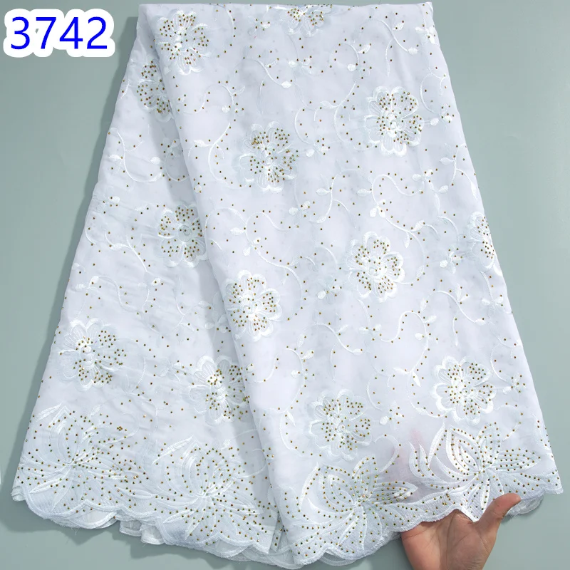 white Nigerian Cotton Lace Fabric High Quality 2024 Swiss Voile With Rhinestones African Crystal Lace  For Women Dresses3742