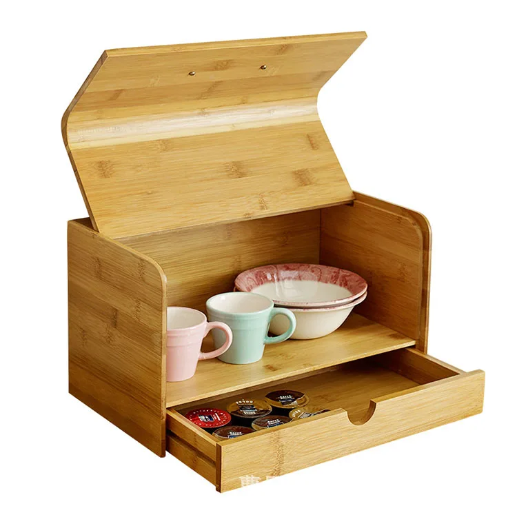 Chinese cheap wooden food storage box bamboo double layer bread box for kitchen