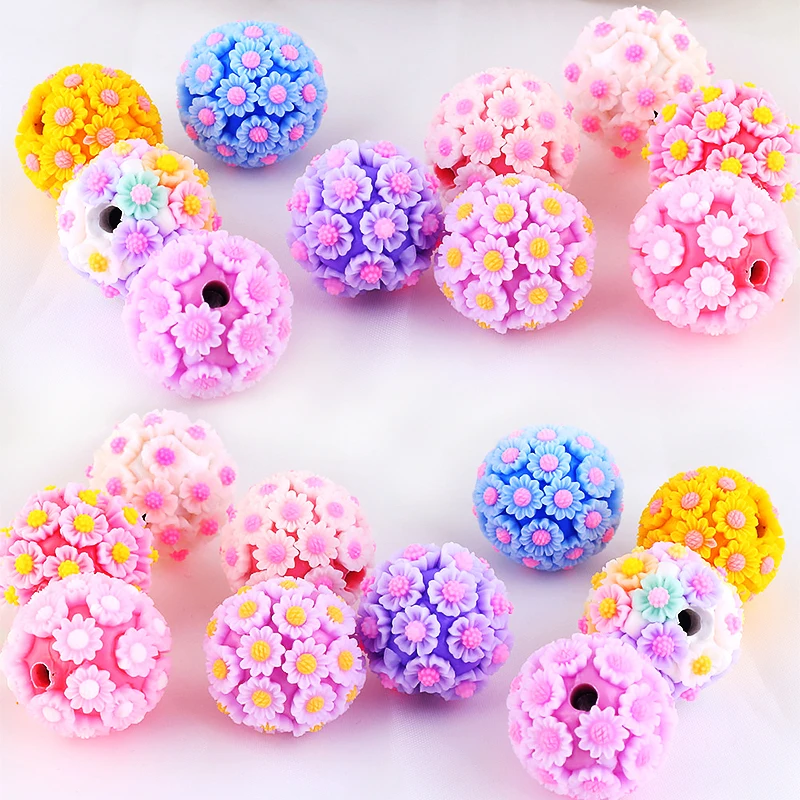 SOJI 20mm Round Flower Ceramic Beads Sunflower Flower Shape Plolymer Clay Loose Beads 3D Flower Fancy Beads For Pens Making