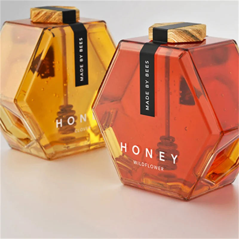 Hexagonal Honey Jar Food Grade Lead Free Cristal Storage honey jar packaging container Glass Jar with Wooden Lid
