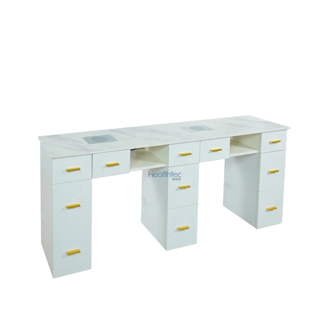 Modern nail salon nail equipment with white gold-plated craftsmanship and large drawers luxurious nail table