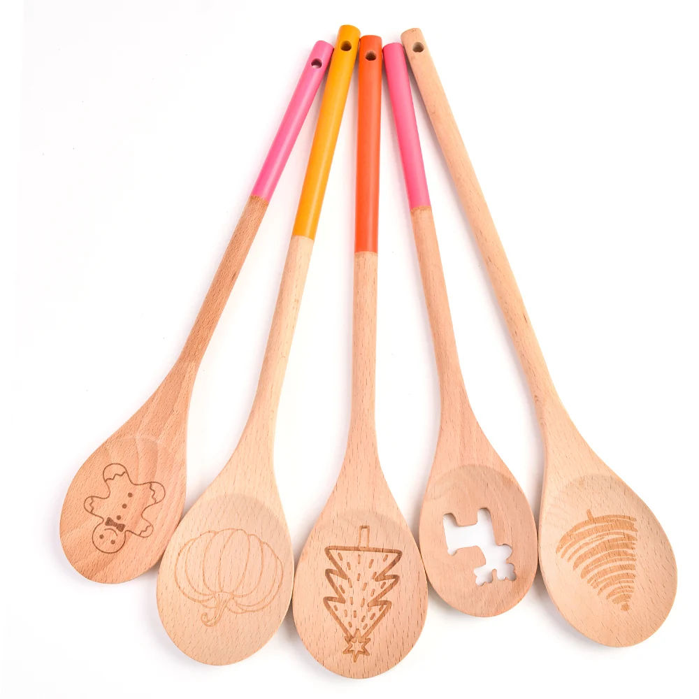 TAOTAOJU kitchen utensils custom cake baking tools wooden spoon five-piece set color kitchen cooking spoon beech wood spoon set