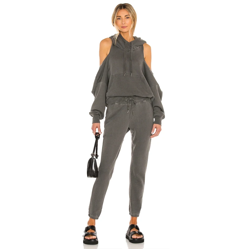 Custom women casual  fashion street high quality wear sexy cut out off shoulder Ribbed long sleeves cuffs hoodie