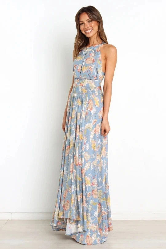 Wholesale Cheap Factory Summer Boho Sexy Floral Dress Women Casual Beach Maxi Chiffon Sleeveless Strap Dresses