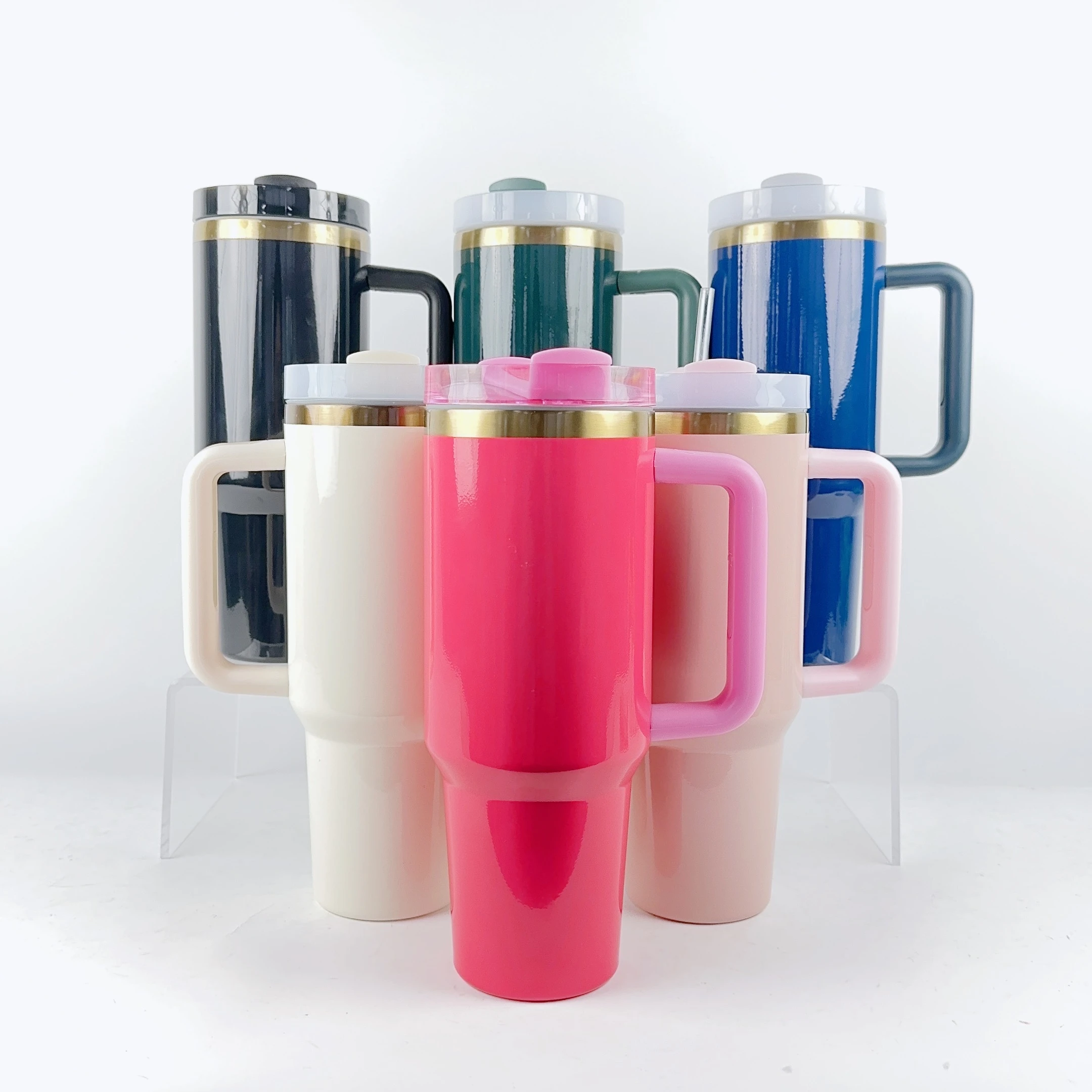 Custom 40oz Adventure Big Tumbler with Gold Rim Copper Based Rainbow Laser Engraving Gilded Gold Mug