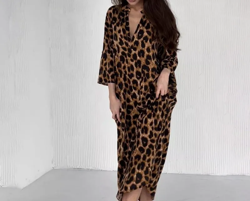 Wholesale Modest belted print floral long dress with long sleeves dress stand collar leopard pattern clothing